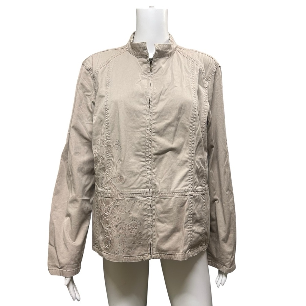 Chico's Tan Zip Front Applied Rhinestone Embroidered Thin Jacket Size M